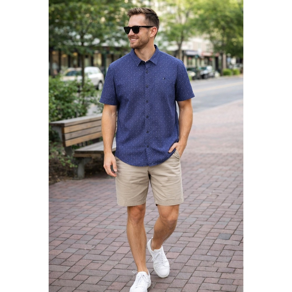 Level Ten Mens Modern Navy Blue Geometric Print Short Sleeve Cotton Shirt XL